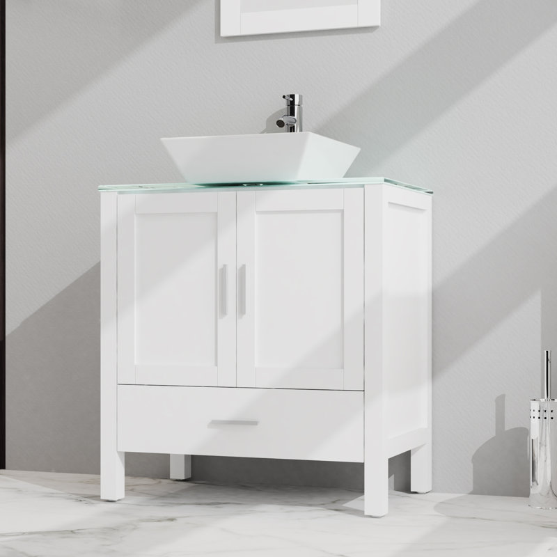 Meuble-lavabo de 30 po avec plateau en verre et miroir seulement, blanc, Blanc
