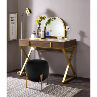 Coleen Walnut & Gold Finish Vanity Desk W/Mirror & Jewelry Tray