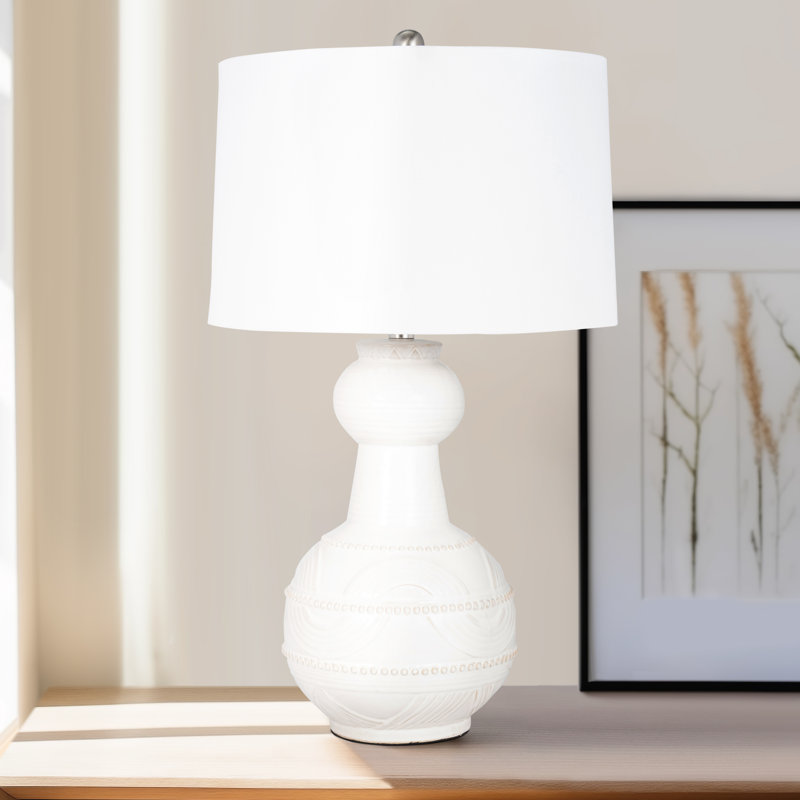 Chinyere Stoneware and Ceramic Table Lamp with Metal Accents and Fabric Shade, White