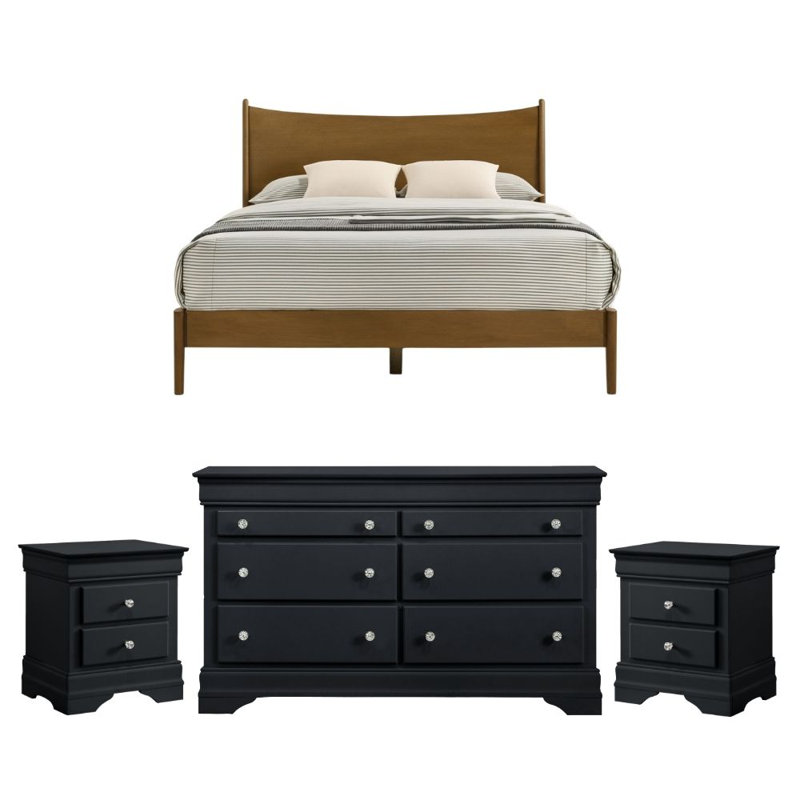 Barvelle Solid Wood 4 Piece Bedroom Set, Brown/Black, 4 Pcs: Bed, Dresser, 2 Nightstands