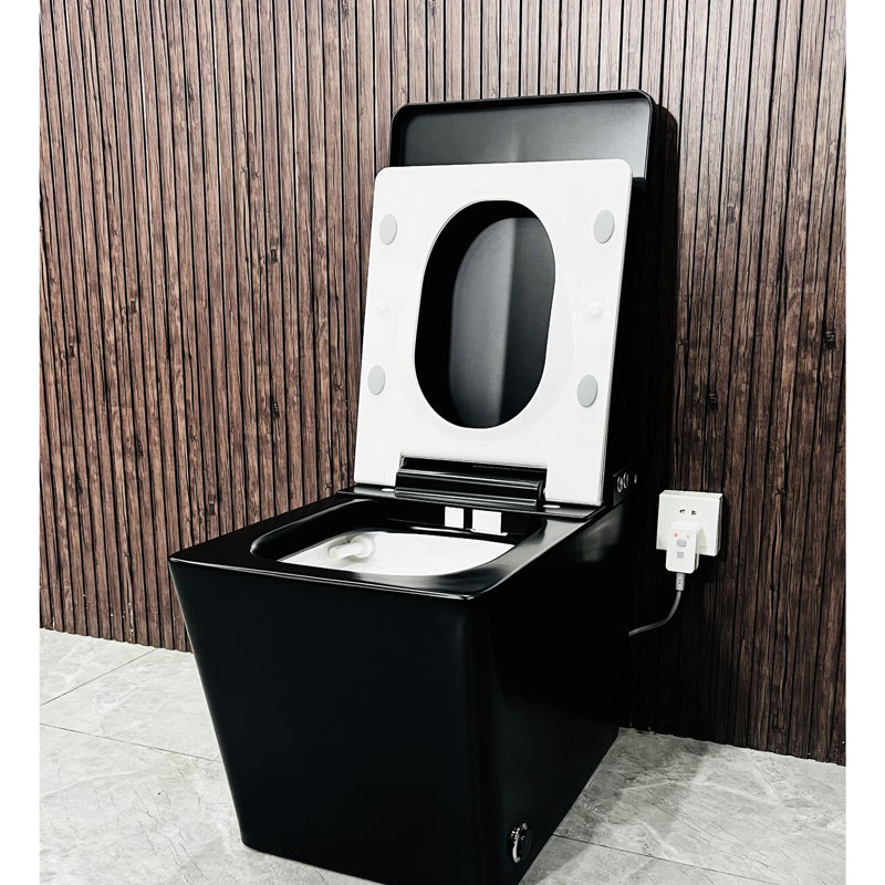 Smart Toilet With Built-In Tank For Bathroom, Auto Flush, Heated Seat, Remote Control, Led Display, Matte Black Square Elevation