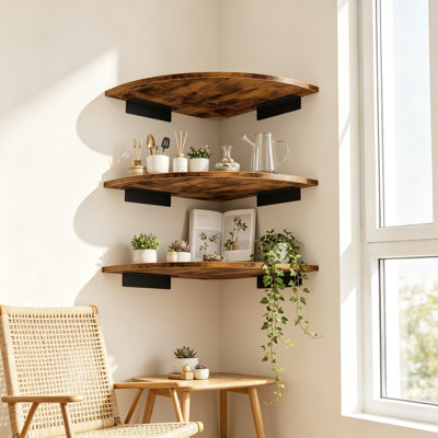 Corner Shelf Wall Mount, Wood Floating Corner Shelves with Cord Hole, Set of 2 for Bathroom, Bedroom, Kitchen, Curved Design