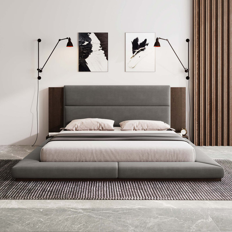 Floor Upholstered Platform Bed With Extended Wood Headboard & Bedside Shelf,No Box Spring Needed, King