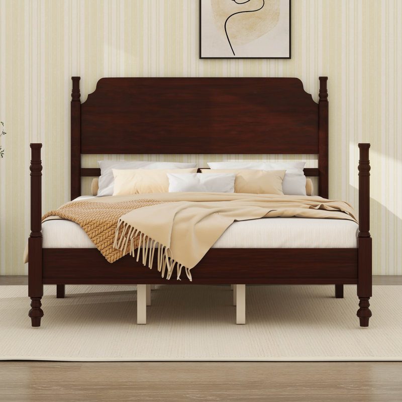Structure de lit en bois avec tête de lit, poteau en bois traditionnel, Grand lit, Noyer foncé