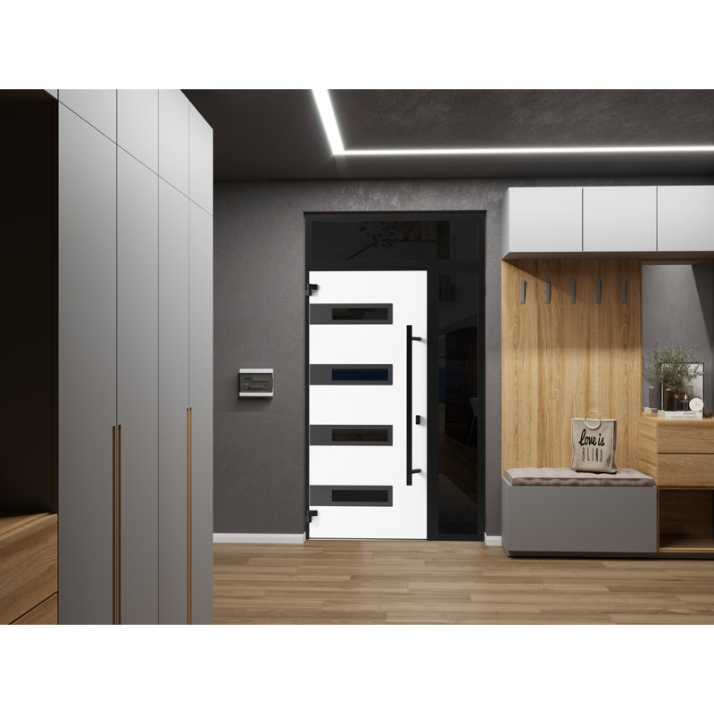 Façade avant en acier pré-suspendue / gris Ronex 0131 / fenêtre extérieure latérale et supérieure en métal / entrée en métal peint moderne l 36 po x H 80 po + 16 po à droite