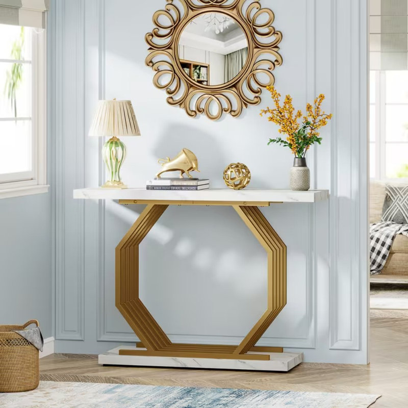 Gold Console Table,  Entryway Table Narrow Sofa With Geometric Metal Base,  Modern Accent Entrance For Living Room, Hallway, Foyer, White And Gold