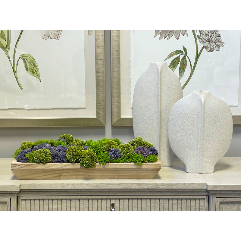 Sedum and Moss Arranged in Wood Planter, Purple