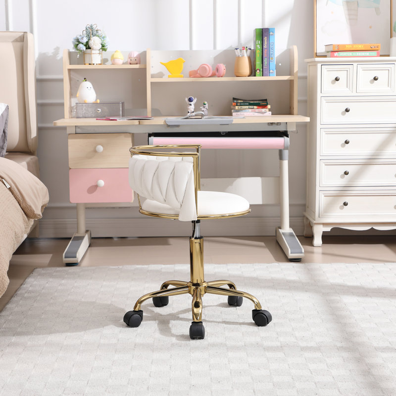 Kids' Swivel Desk Chair With Adjustable Height - Rolling Star Base & Woven Back - Golden Metal Study Chair, White