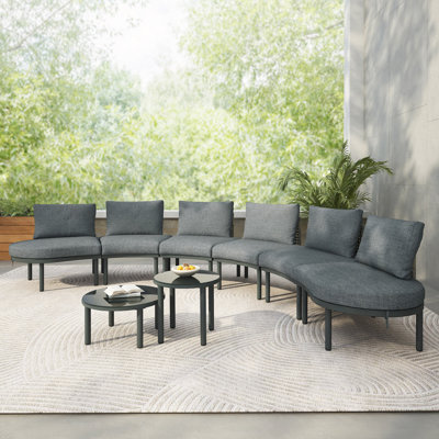8-Piece Patio Sofa Furniture Set, Half Moon Outdoor Sectional Sofa With 2 High-Low Coffee Tables, PE Wicker Rattan, Tempered Glass, 6 Pillows & Cushions, For Backyard, Garden, Poolside
