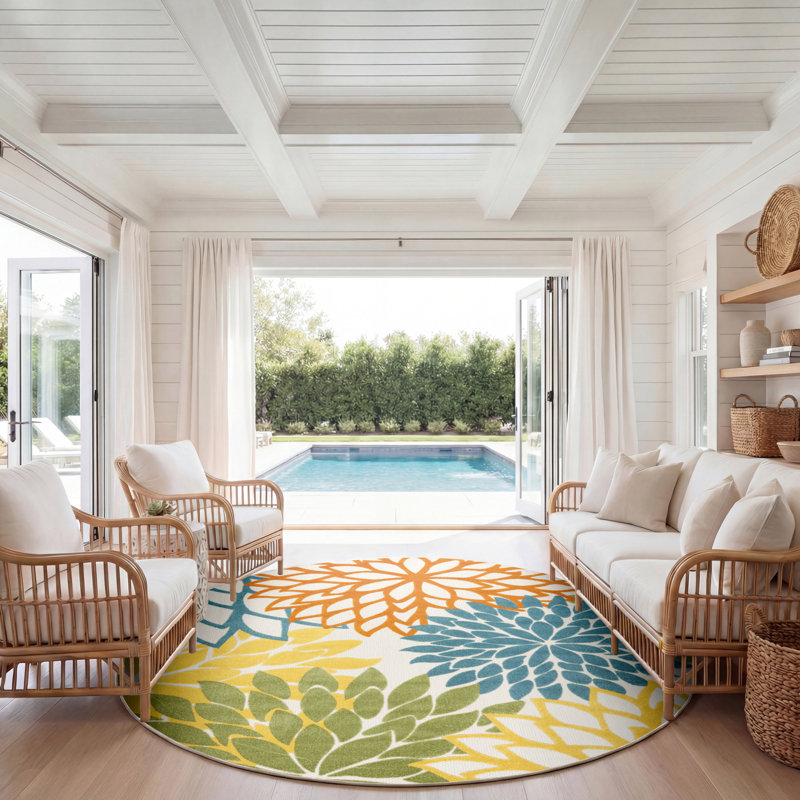 Armone Machine Woven Floral Indoor / Outdoor Area Rug, Round 7'10"