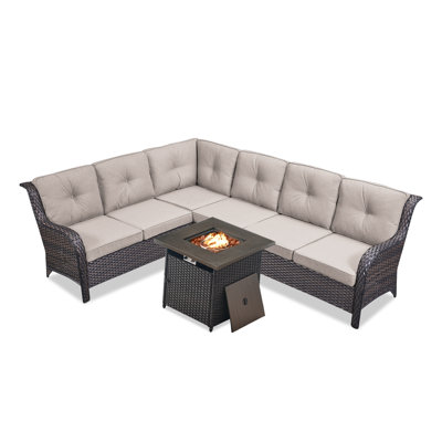 Benigni 139'' Wide Outdoor Wicker L-Shaped Patio Sectional with Fire Pit with Cushions
