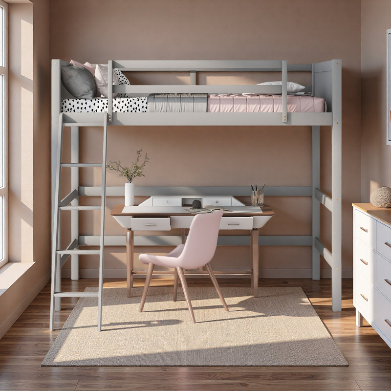 Lit mezzanine simple en bois massif avec échelle, Gris