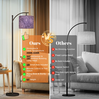 Arc Floor Lamp with Adjustable Lampshade Elegant Purple Floral Elaborate Chrysanthemum Design Standing Lamp 3 Color Temperatures Dimmable Tall Pole Lamp with Foot Switch for Bedroom