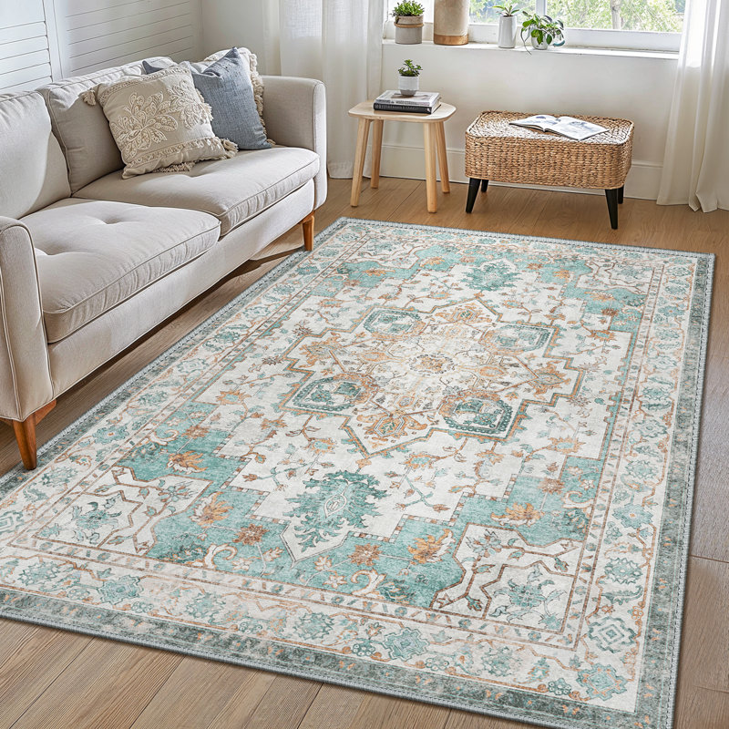 Tapis oriental performance bleu sarcelle / rouille 8 pi x 10 pi Tiyler, lavable à la machine, Rectangulaire 8 pi x 10 pi