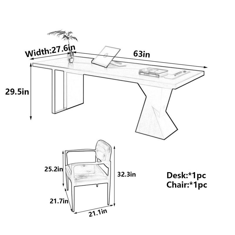 Italian Minimalist Solid Wood Desk, 29.5" H x 63" W x 27.6" D