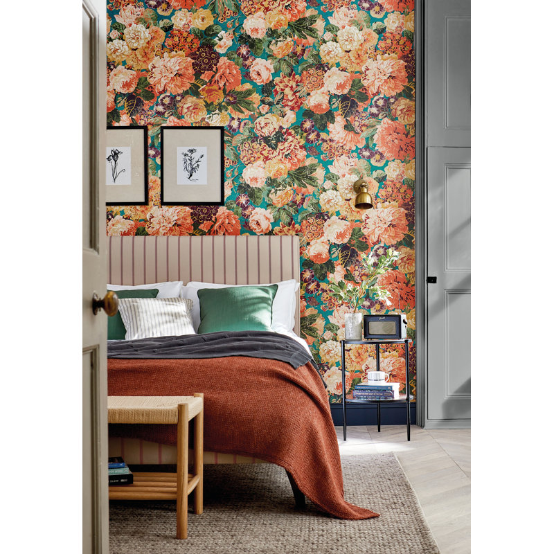 Very Rose and Peony Wallpaper, Kingfisher/Rowan Berry