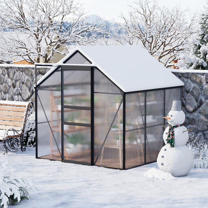 Black 6x6 Ft Large Walk-in Outdoor Greenhouse with Polycarbonate Panels, Aluminum Frame, Adjustable Roof Vent and Sliding Door for Winter Garden Planting