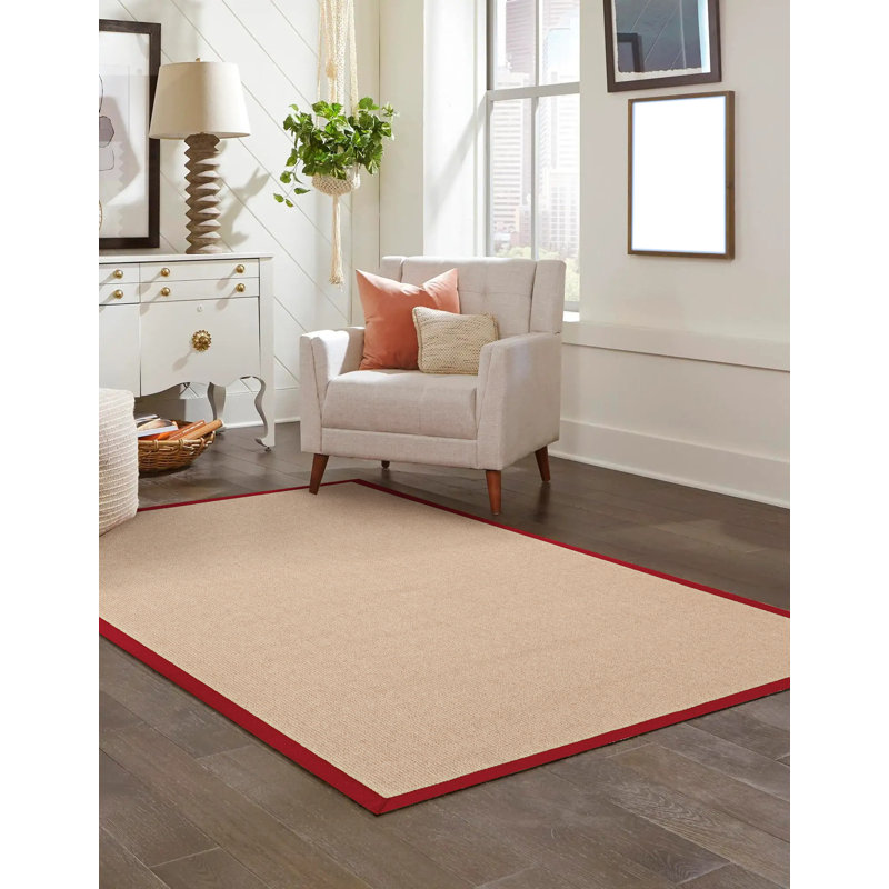 Nannette Handmade Light Beige Berber with Red Cotton Border Made in the USA Area Rug, Rectangle 5' x 8'