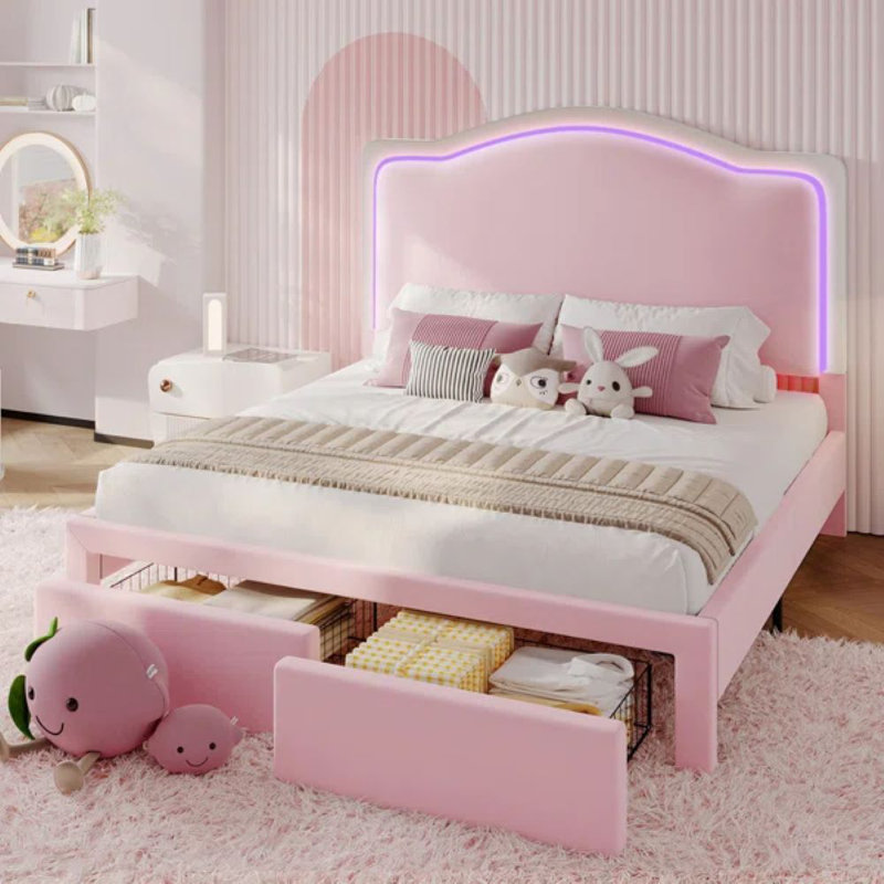 Chaille LED Bed Frames with Storage Drawer, Upholstered Platform Bed with Adjustable Headboard, Queen, Pink
