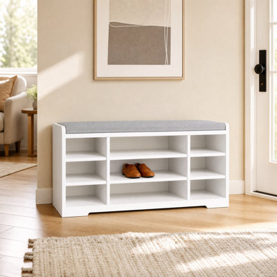 Banc de rangement pour chaussures 20,5 pouces blanc, rangement à 9 casiers pour vestibule, couloir, vestibule, bois durable, assemblage facile, conception peu encombrante