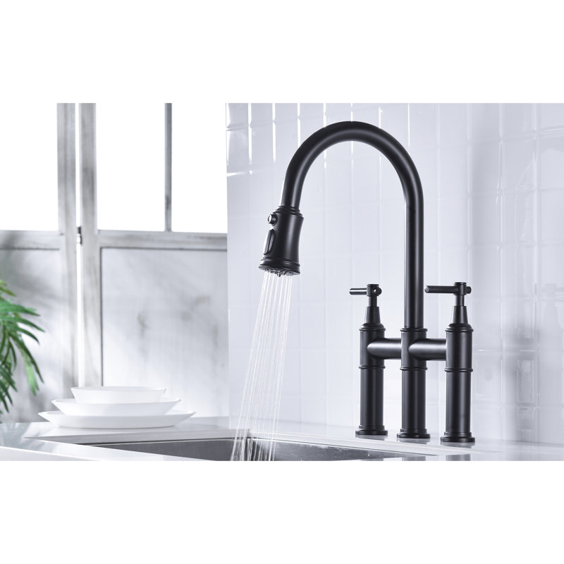 Robinet rétractable de cuisine noir mat - deux poignées pour une régulation exacte du débit, buse rotative à 360 degrés, robinet de pont en laiton de qualité avec douchette précise et réglage de la température, bec haut rotatif à 360 °,