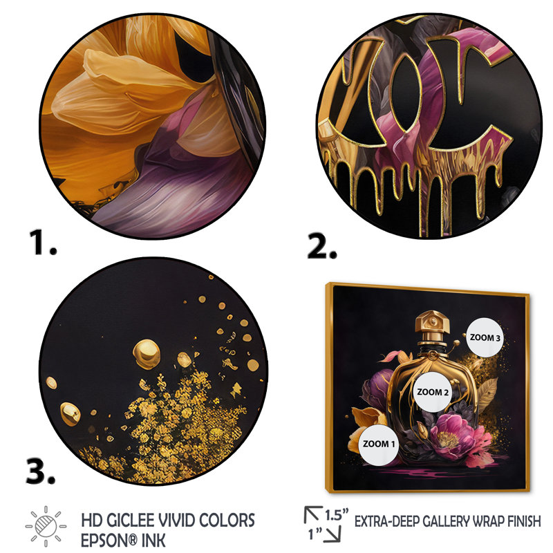 «Chic Black and Gold Perfume Bottle III», impression sur toile, H 24 po x l 24 po x P 1 po, Toile avec cadre flottant or