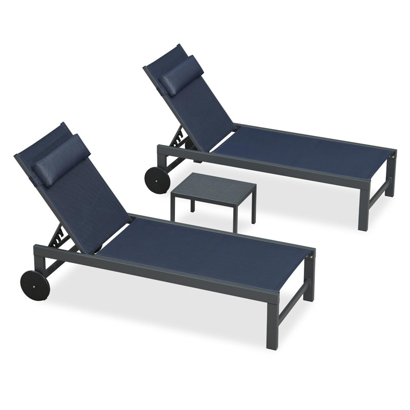 Patio Rust-resistant Lounge Chair Set Of 3 With Side Table And Wheels And Pillows, Navy Blue