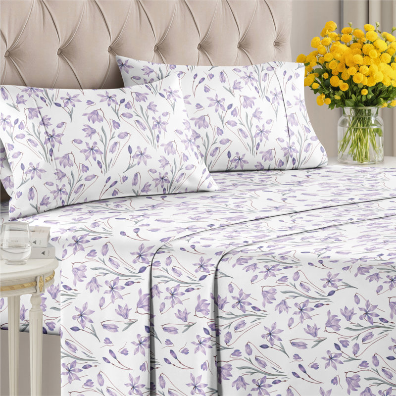 Ensemble de draps 4 pièces à motif floral Softy & Cozy, Ensemble de draps pour grand lit, Purple Iris Floral