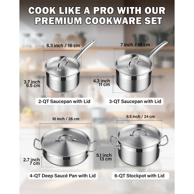 Ensemble de batterie de cuisine professionnel standard Cooks, casseroles en acier inoxydable comprenant des casseroles, une poêle à sauter, une cocotte avec couvercles - compatible avec l'induction, 8 pièces