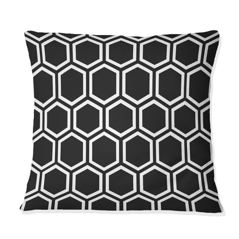 Hexagone noir et blanc - coussin décoratif traditionnel, H 16 po x l 16 po