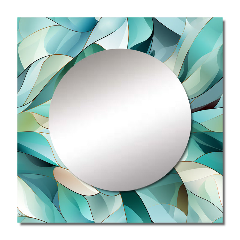 Motif côtier vert clair en verre de mer I - grand miroir carré moderne pour décoration murale, 36 po x 36 po