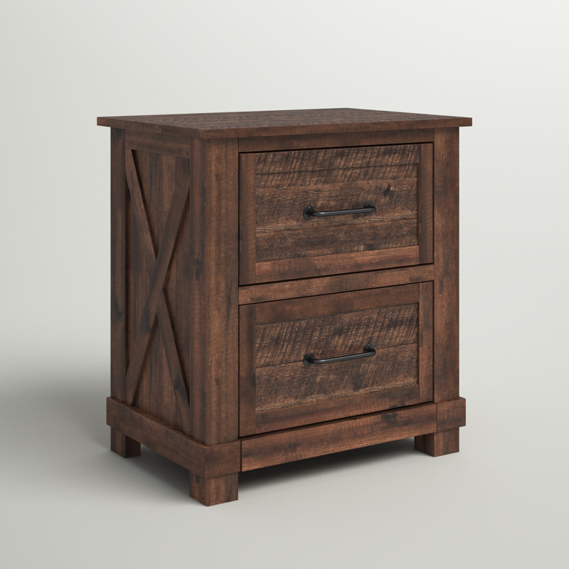 Table de chevet en bois massif à 3 tiroirs Carney, Bois d’œuvre rustique