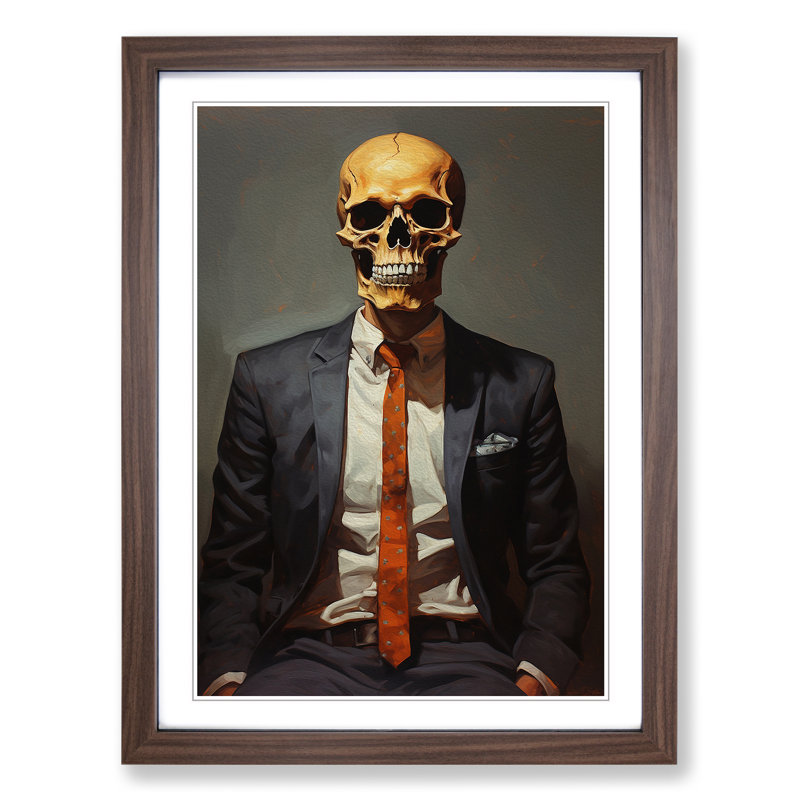 Skeleton in a Suit Painting - Framed Print, Walnut Framed, 34cm H x 25cm W x 2cm D