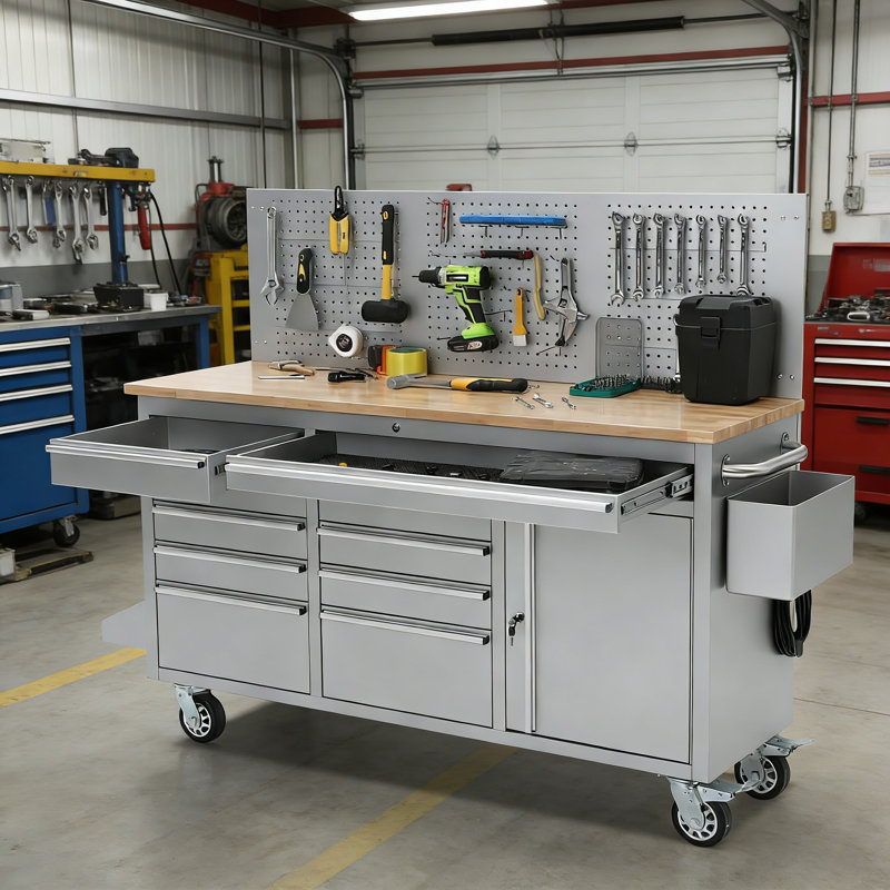 61 Inch Rolling Tool Chest, Heavy Duty Mobile Workbench with Charging Station, 10 Drawers, Pegboard, Rubber Wood Tabletop & Four Wheels, Tool Cabinet for Garage, Workshop