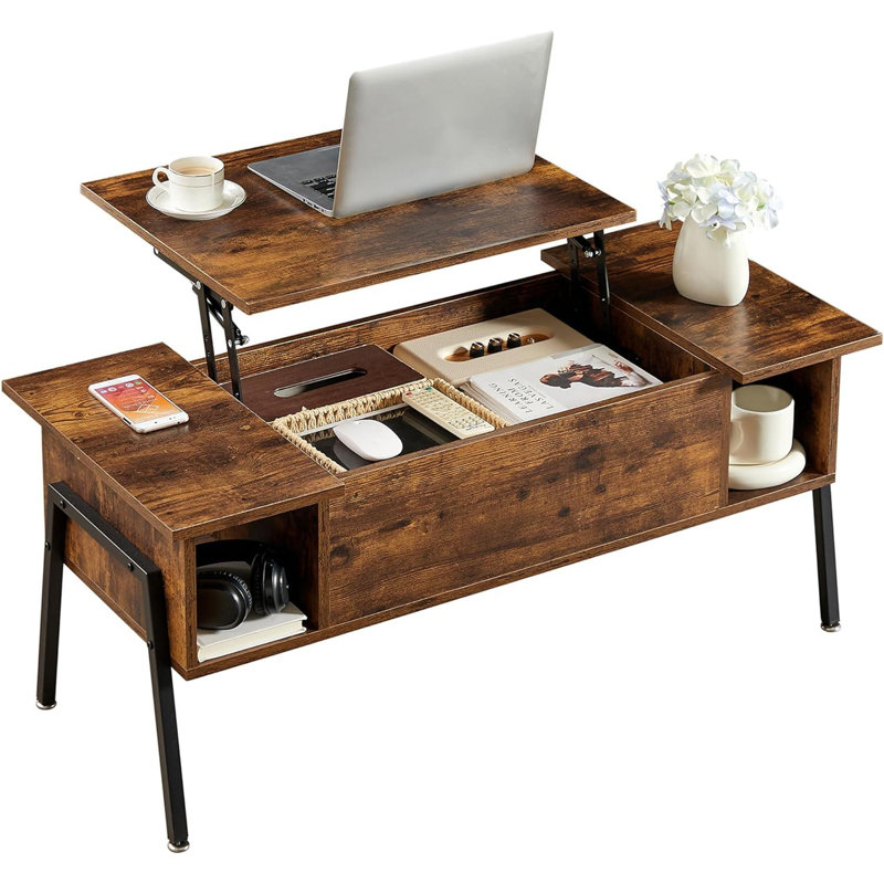 Lift Top Coffee Table With Hidden Compartment And Storage Shelf For Living Room Office Reception, Rising Tabletop, Brown