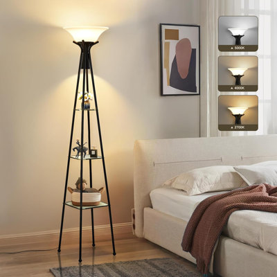 69" Industrial Floor Lamp With 3-Tier Glass Shelves, Black Standing Lamp With Plastic Shade, 3 Color Temperatures, Remote Control, For Living Room, Bedroom, Office
