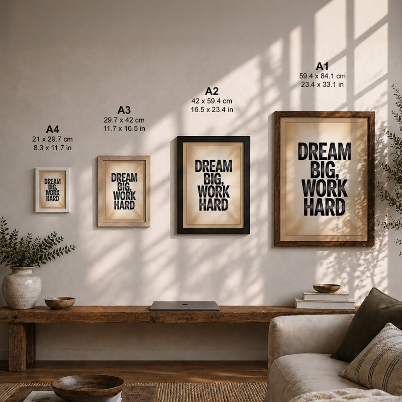 Dream Big Work Hard Typography - Framed Print, A2 - 59.4 x 42.0 cm, Black