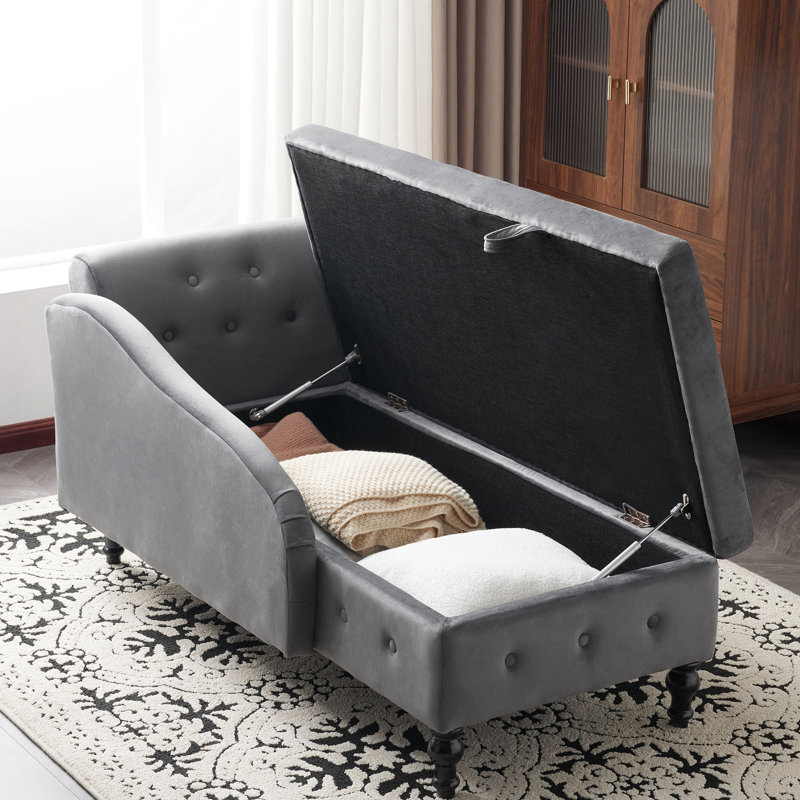 Modern Nailhead-trim & Button-tufted Lounge Chair, Velvet Chaise Lounge Sofa With Storage, Bedroom And Office, Grey