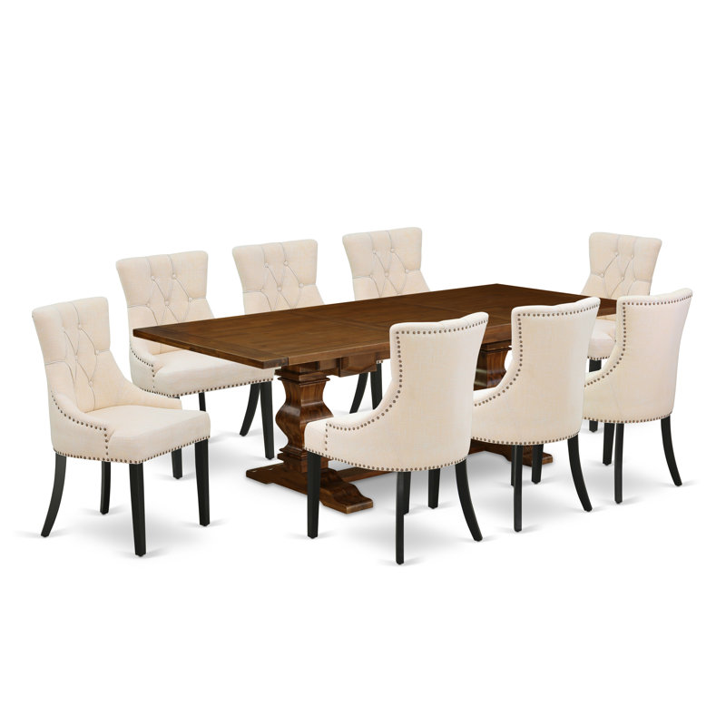 L'ensemble de table de cuisine 9 pièces comprend une table de salle à manger rectangulaire avec rallonge amovible et 8 chaises rembourrées en tissu de lin beige clair, noyer antique