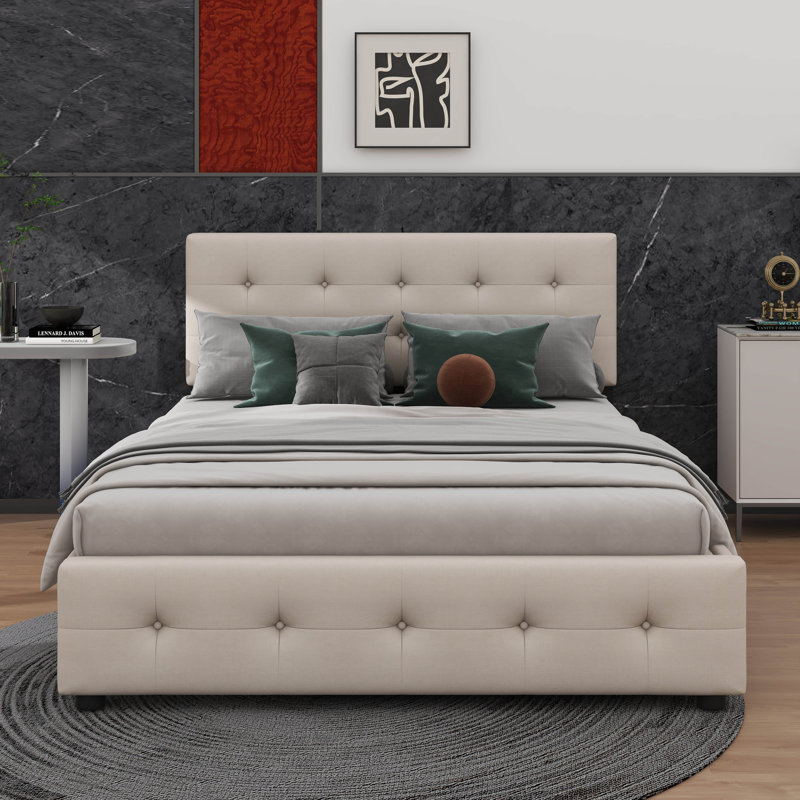 Queen Size  Platform Bed Offering Two Under-Bed Storage Compartments And An Extra Trundle, Dark Beige