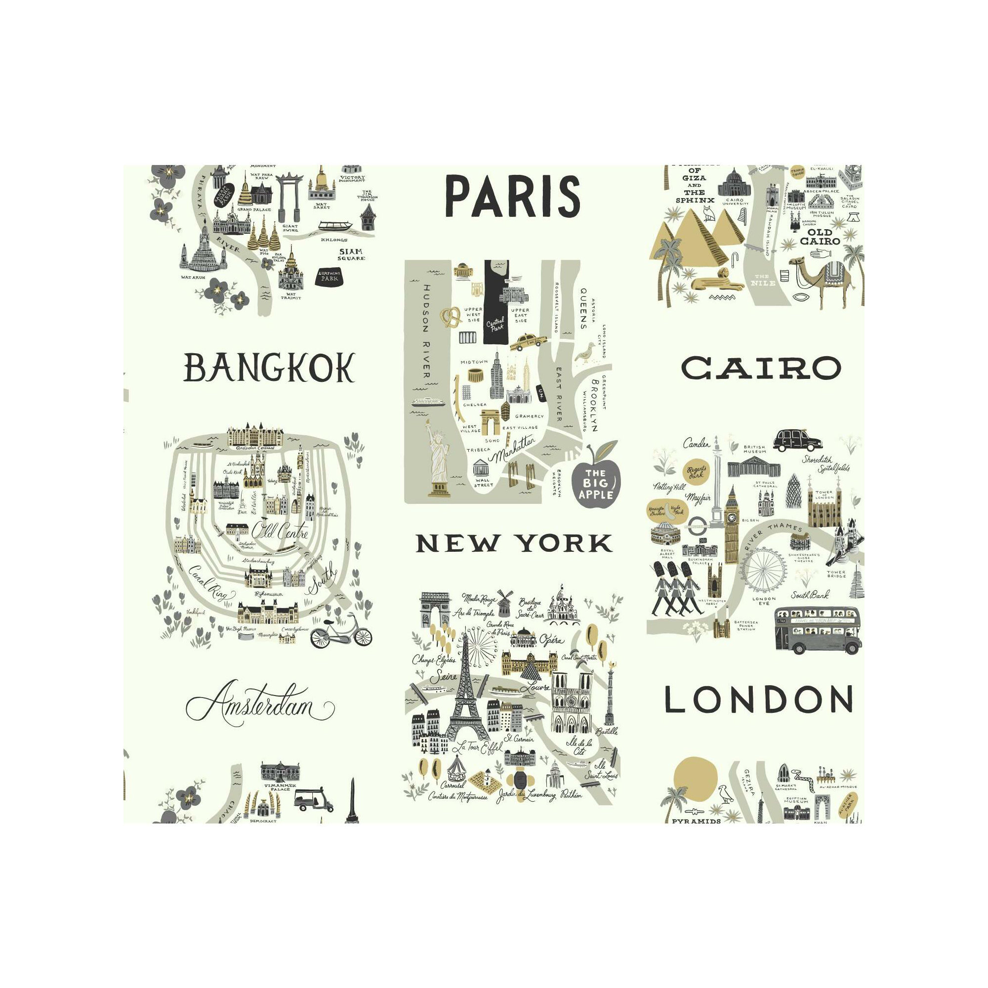 Rifle Paper Co. City Maps 27' L x 27" W Wallpaper Roll, Gray/Gold