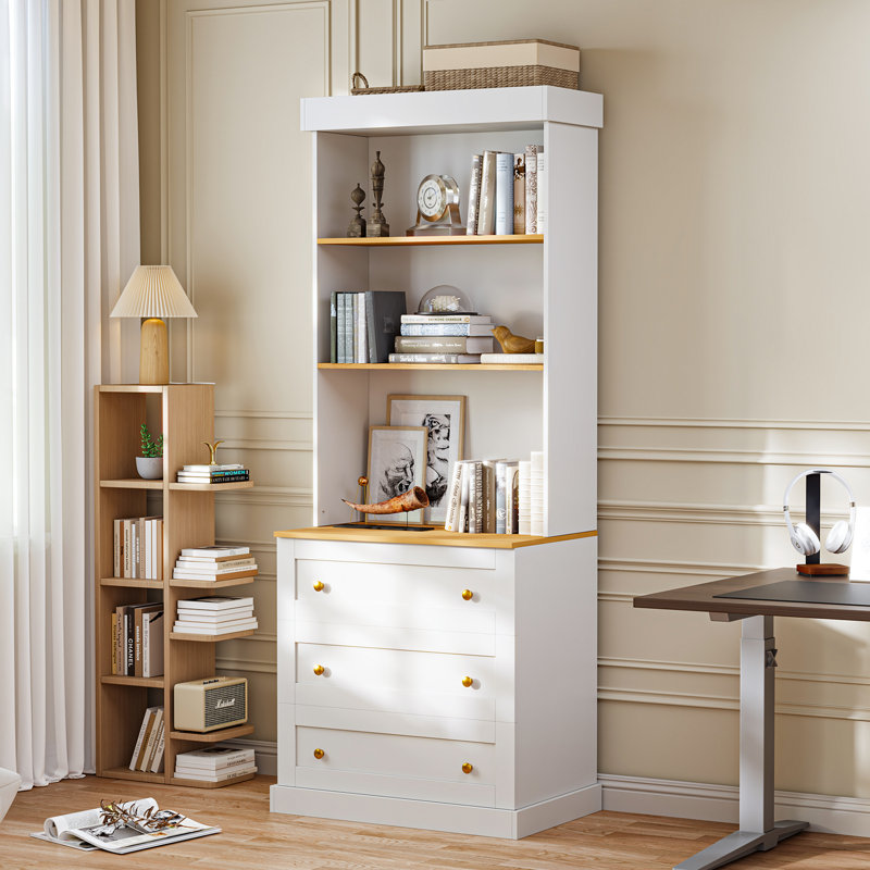Kenric Three Layers of Drawers and Open Countertops&Bookcases, White, 70.8"H x 63"W x 15.7"D