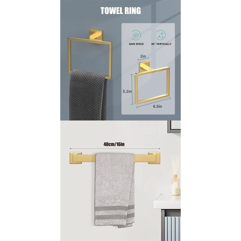 5-Piece Bathroom Hardware Set, Gold Towel Bar With 2 Hooks, Stainless Steel, Wall Mount, 3" H x 16" W x 6" D, Brushed Gold