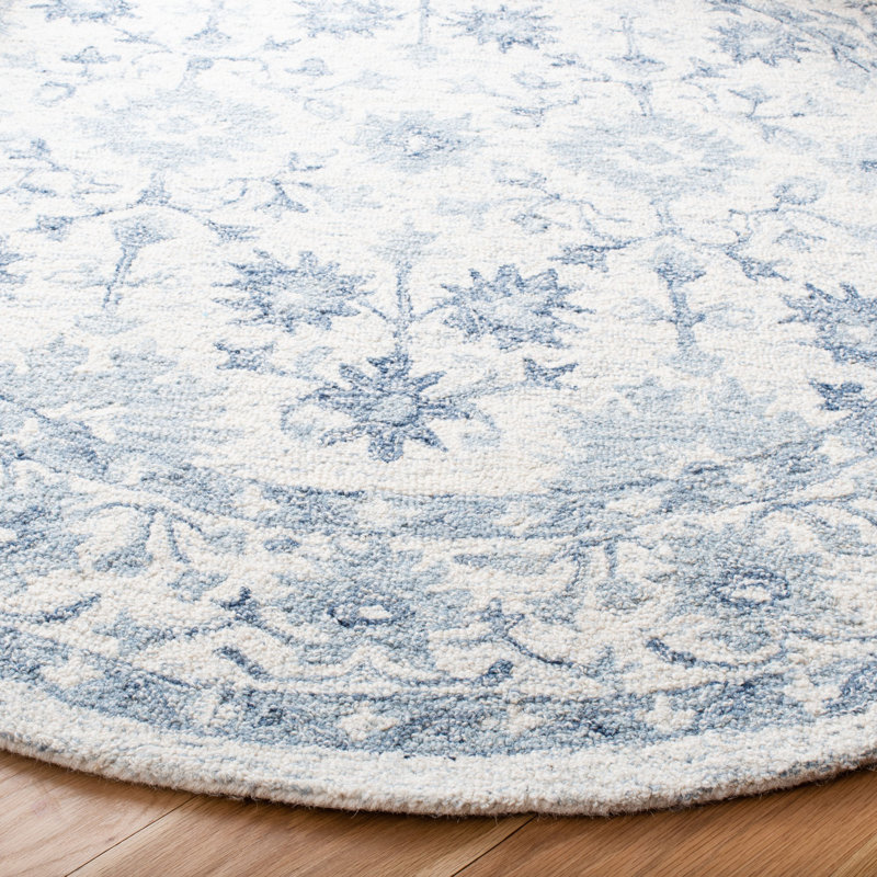Tapis bleu / ivoire en laine touffeté à la main Lethe, Rond 5 pi