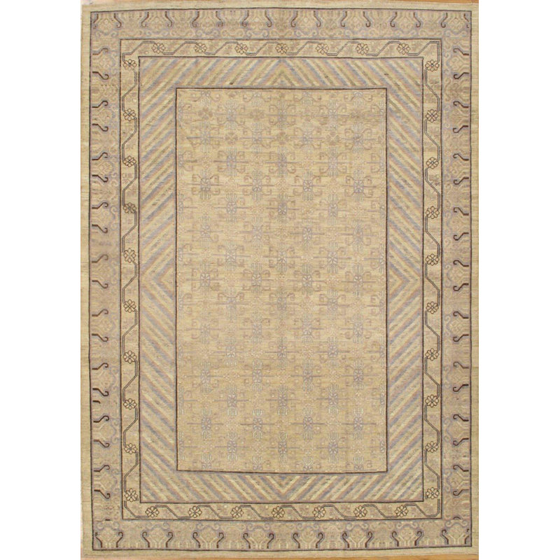 Tapis ivoire / gris / beige en laine noué à la main Khotan