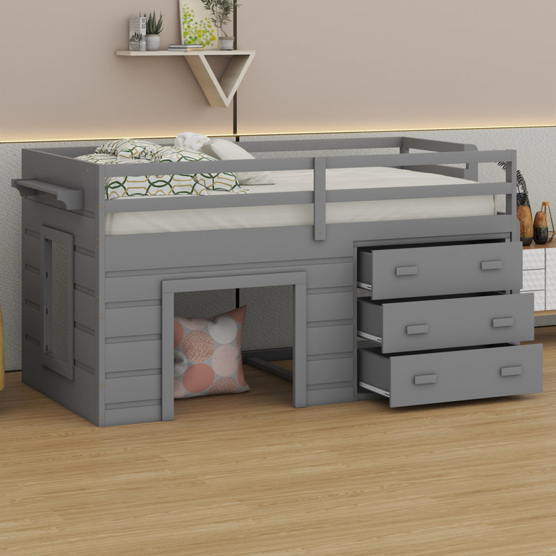 Lit mezzanine avec tiroirs et tablette, gris