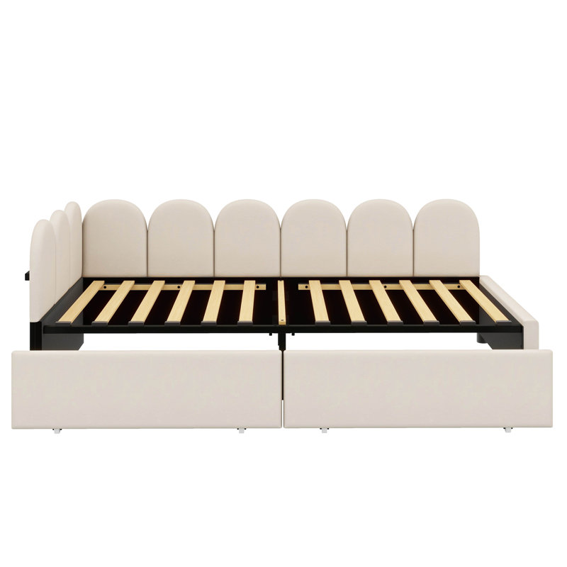 A Twin-Sized Velvet Upholstered Daybed With Two Built-In Drawers, Beige, Twin