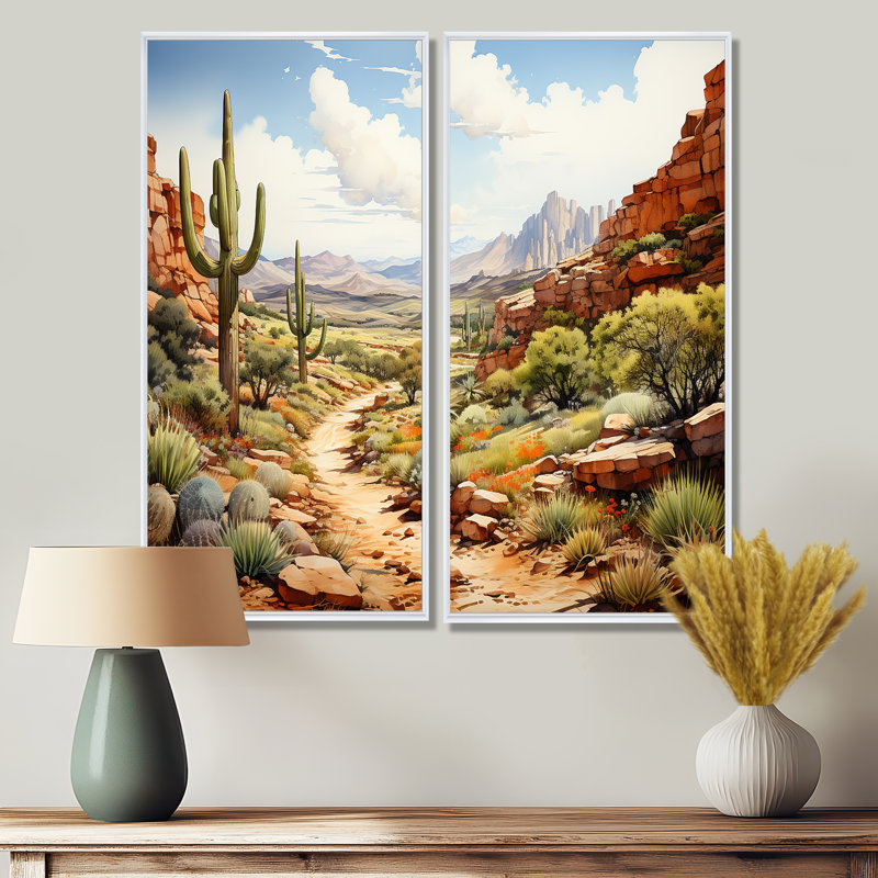«Mexico Cactus Oasis Impasto II», art mural traditionnel corail, H 20 po x l 24 po, Blanc
