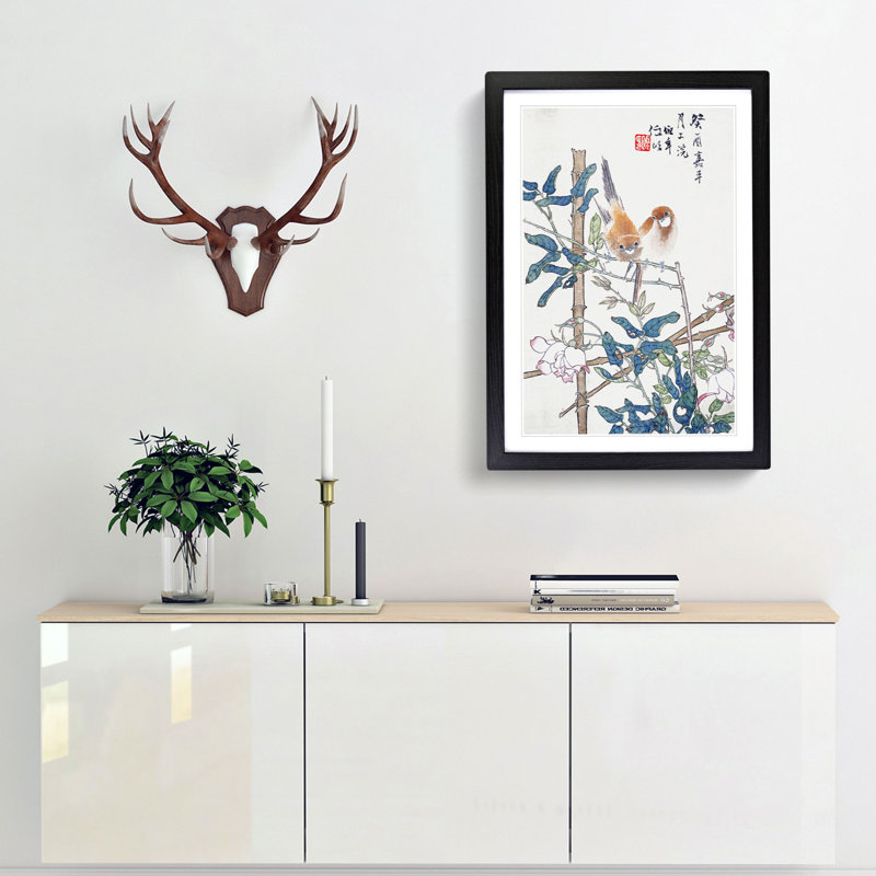 Two Birds upon a Rose Bush by Ren Yi - Picture Frame Painting Print, Black Framed, 48cm H x 36cm W x 2cm D