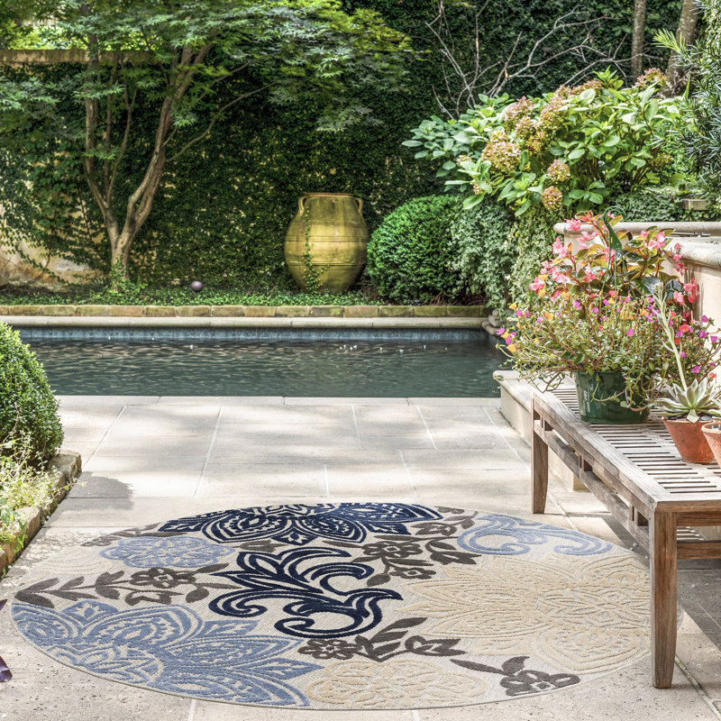 Tapis floral intérieur / extérieur tissé à plat, Rond 5 pi 3 po